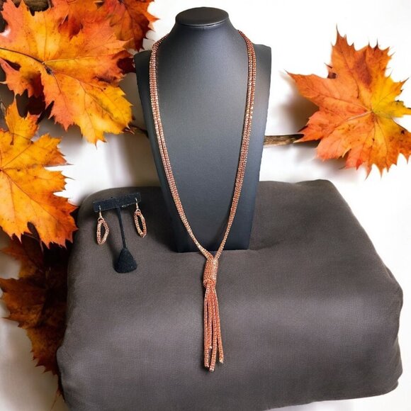 Rose Gold Tone Mesh Lariat Necklace/Hoop Earrings Set Boho Statement Elegant - Picture 1 of 11